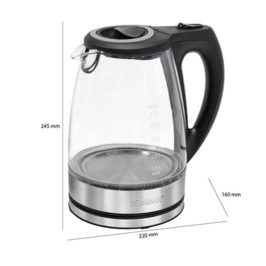 Elektrischer Wasserkocher 1,7L 2200W Glas & Edelstahl, 360° drehbare Basis, Automatischer Abschaltfunktion