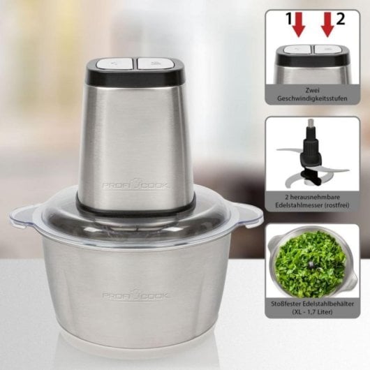 Picadora Clatronic PC-MZ 1227 1,7L Acero Inoxidable 500W Control de Botón Picahielos