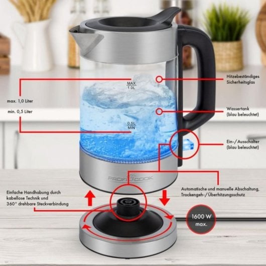 ProfiCook PC-WKS 1229 G 1 L Glas Edelstahl 1600 W Überhitzungsschutz