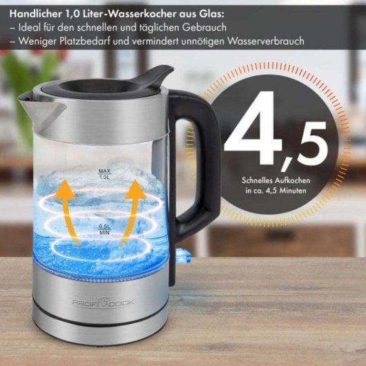 Wasserkocher ProfiCook PC-WKS 1229 G Glas 1L 1600W BPA-frei 360° Basis