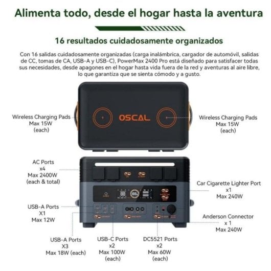 Estação de energia OSCAL PowerMax 2400 Pro 2016Wh 8 portas AC DC USB Bateria LiFePO4 Iluminação LED