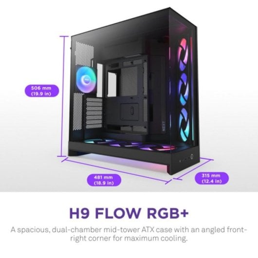 NZXT H9 Flow RGB+ Midi Tower Gehäuse, Mesh, SGCC, Temperiertes Glas, Multi RGB, Schwarz