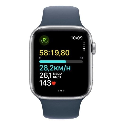 Apple Watch SE GPS NFC 44mm OLED Argent Bleu M/L Suivi sommeil Pulsomètre Étanche 50m