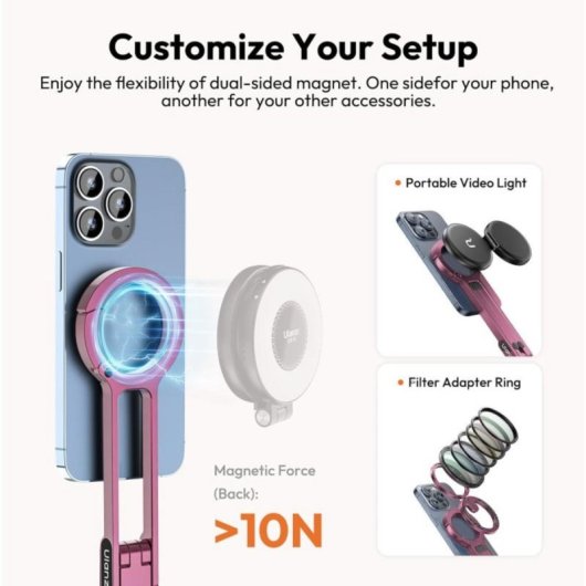 Supporto magnetico per treppiede universale con moschettone, MagSafe, alluminio, rotazione 360°