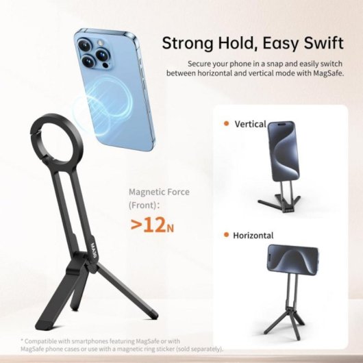 Supporto magnetico per treppiede universale con clip moschettone, rotazione 360° e compatibile MagSafe