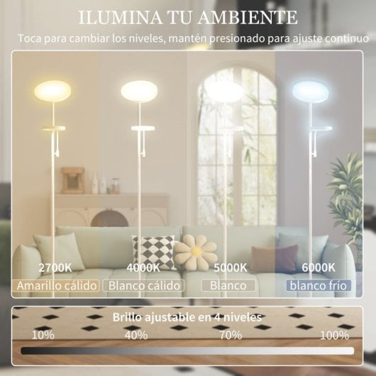 Homcom Lámpara De Pie Led Regulable 42w Con Control Remoto Y Táctil Blanco