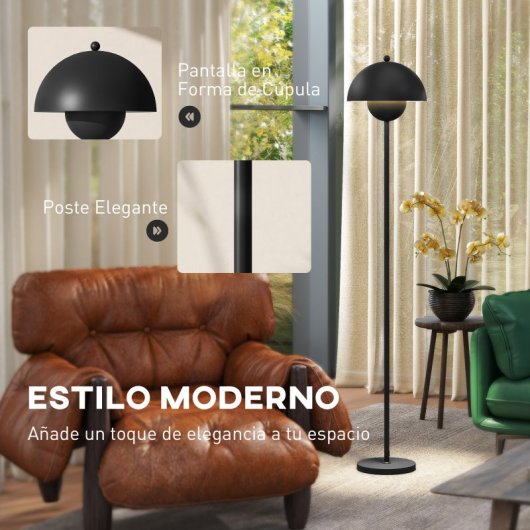 Homcom Lámpara De Pie Moderna Con Pantalla De Cuenco E Interruptor De Pie Negro