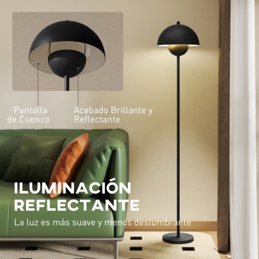 Homcom Lámpara De Pie Moderna Con Pantalla De Cuenco E Interruptor De Pie Negro
