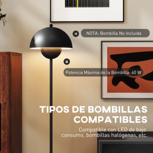 Homcom Lámpara De Pie Moderna Con Pantalla De Cuenco E Interruptor De Pie Negro