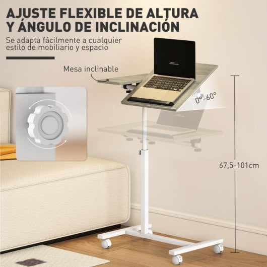 Homcom Mesa Auxiliar Con Ruedas Altura Ajustable Superficie Inclinable Roble