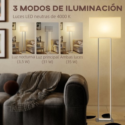 Homcom Lámpara De Pie Moderna 150 Cm Con Pantalla De Tela Luz Nocturna Blanco