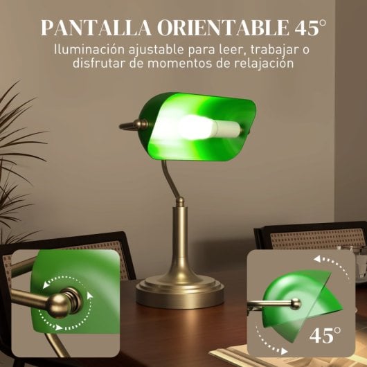 Homcom Lámpara De Escritorio Banquero E27 Con Pantalla Ajustable Verde