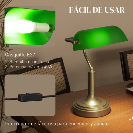 Homcom Lámpara De Escritorio Banquero E27 Con Pantalla Ajustable Verde