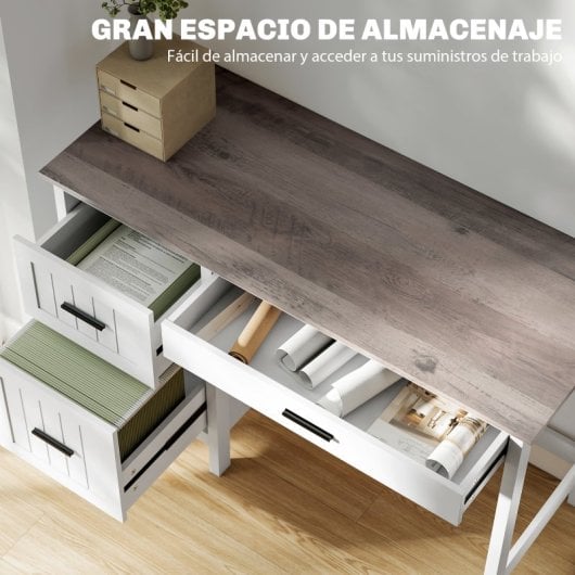Homcom Escritorio Rústico 120x50 Cm Con 3 Cajones Blanco