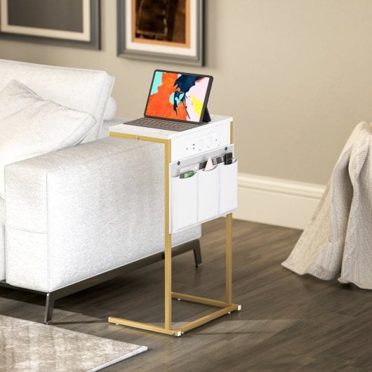 Homcom Mesa Auxiliar Con Estación De Carga 2 Puertos Usb 1 Puerto Usb-c Blanco