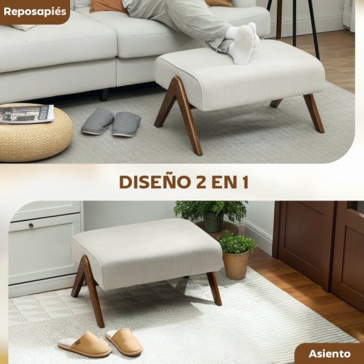 Homcom Reposapiés De Salón De Tela En Pana Con Asiento Acolchado Patas Beige