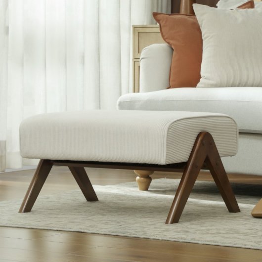 Homcom Reposapiés De Salón De Tela En Pana Con Asiento Acolchado Patas Beige