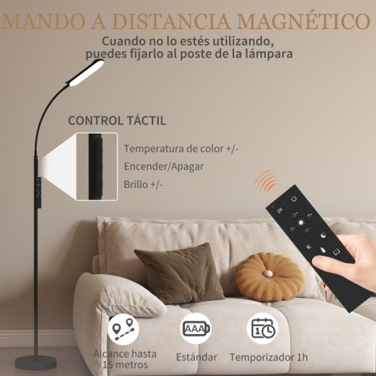 Homcom Lámpara De Pie Led Regulable Con Control Remoto Y Táctil Negro
