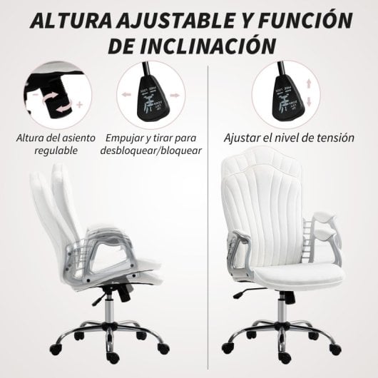 Homcom Silla De Oficina Giratoria Con Altura Ajustable Respaldo Curvado Blanco