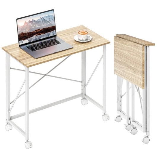 Homcom Escritorio Plegable Con Ruedas Para Espacios Pequeños 80x40x75 Cm Natural