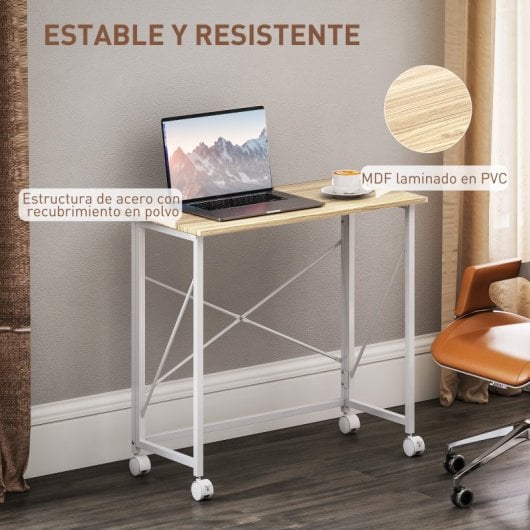 Homcom Escritorio Plegable Con Ruedas Para Espacios Pequeños 80x40x75 Cm Natural