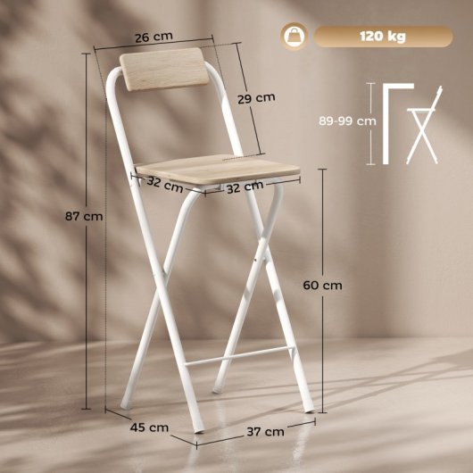 Homcom Juego De 2 Taburetes De Bar Plegables Con Respaldo Natural