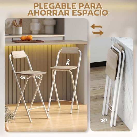 Homcom Juego De 2 Taburetes De Bar Plegables Con Respaldo Natural