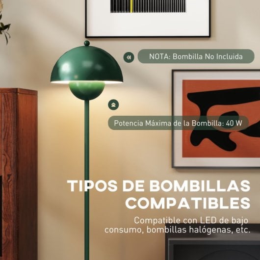 Homcom Lámpara De Pie Moderna Con Pantalla De Cuenco E Interruptor De Pie Verde