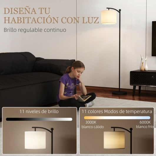 Homcom Lámpara De Pie Led Regulable Control Remoto Temporizador Negro
