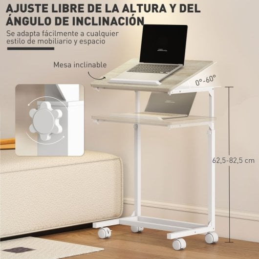 Homcom Mesa Auxiliar Con Ruedas Con Altura Ajustable Superficie Inclinable Roble