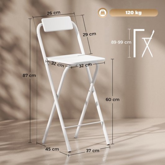 Homcom Juego De 2 Taburetes De Bar Plegables Con Respaldo Blanco