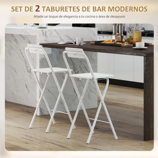 Homcom Juego De 2 Taburetes De Bar Plegables Con Respaldo Blanco