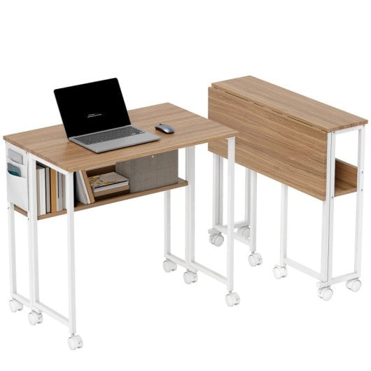Homcom Escritorio Plegable Con Ruedas Y Estante 80x50x75 Cm Natural