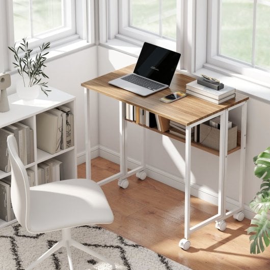 Homcom Escritorio Plegable Con Ruedas Y Estante 80x50x75 Cm Natural
