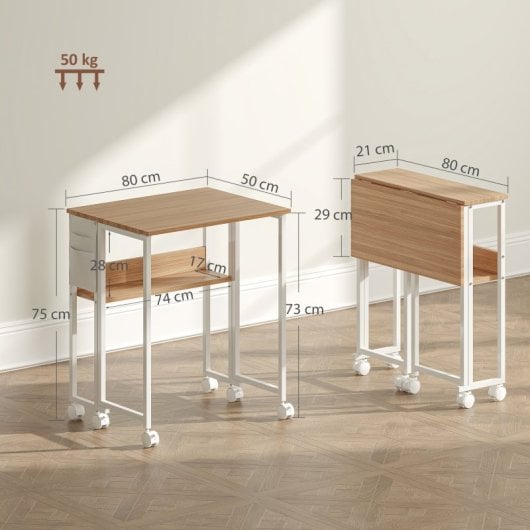 Homcom Escritorio Plegable Con Ruedas Y Estante 80x50x75 Cm Natural