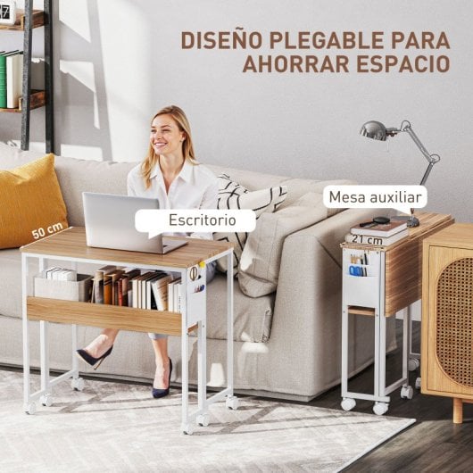 Homcom Escritorio Plegable Con Ruedas Y Estante 80x50x75 Cm Natural