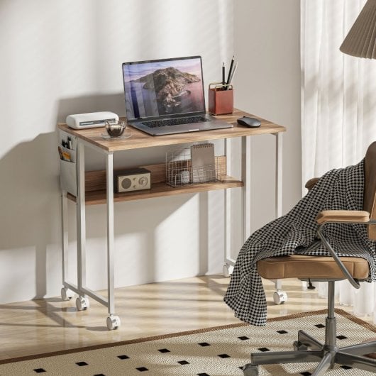 Homcom Escritorio Plegable Con Ruedas Y Estante 80x50x75 Cm Natural