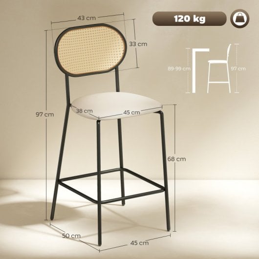 Homcom Juego De 2 Taburetes De Bar Con Respaldo De Ratán Beige