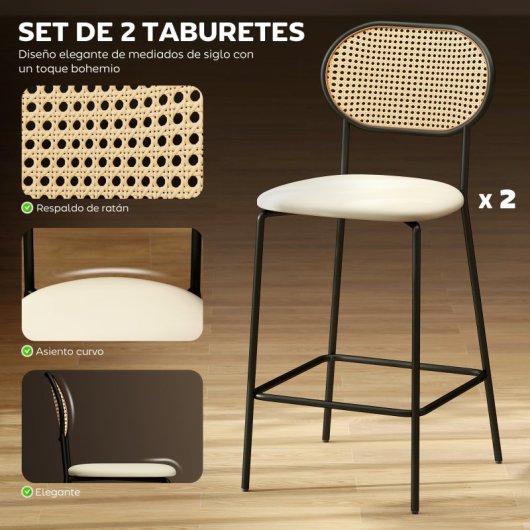 Homcom Juego De 2 Taburetes De Bar Con Respaldo De Ratán Beige