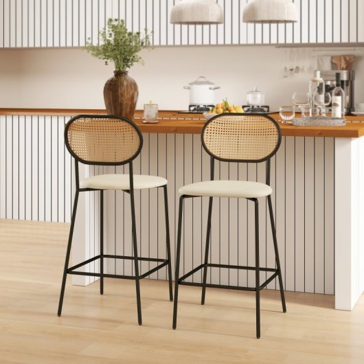 Homcom Juego De 2 Taburetes De Bar Con Respaldo De Ratán Beige