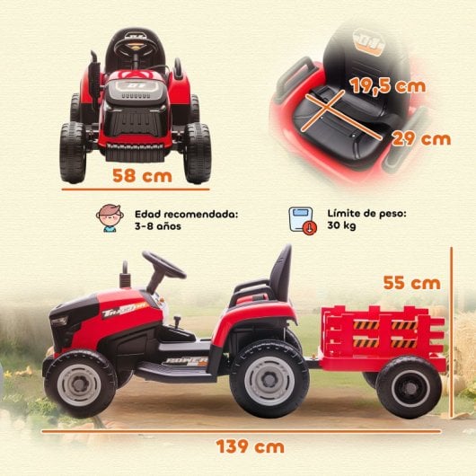 Aiyaplay Tractor Eléctrico Para Niños Con Remolque Desmontable Rojo