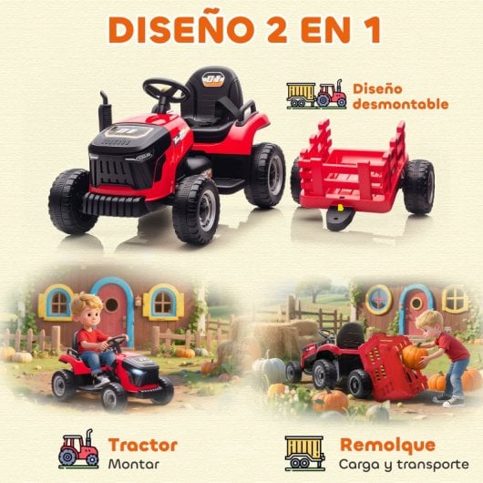 Aiyaplay Tractor Eléctrico Para Niños Con Remolque Desmontable Rojo