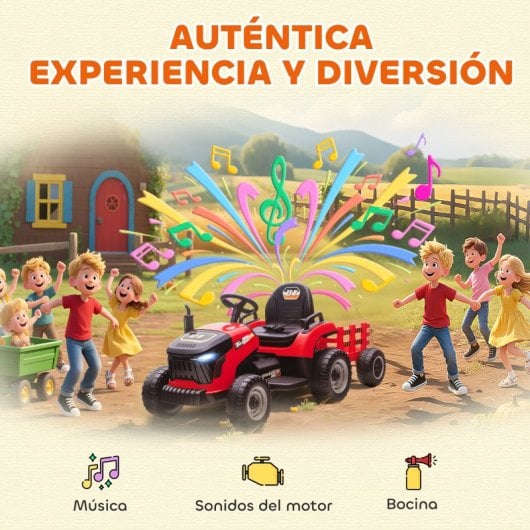 Aiyaplay Tractor Eléctrico Para Niños Con Remolque Desmontable Rojo