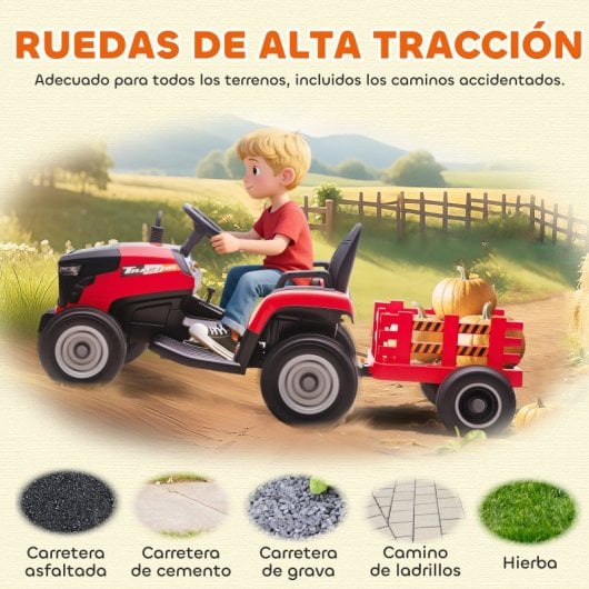Aiyaplay Tractor Eléctrico Para Niños Con Remolque Desmontable Rojo
