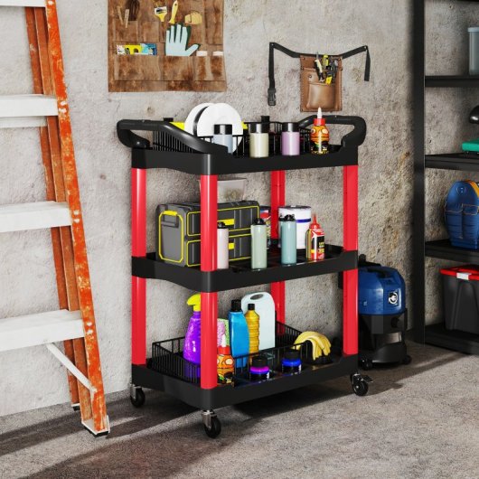 Homcom Carro De Taller Con 3 Estantes Ruedas Y Asas Carga 91 Kg Rojo Y Negro