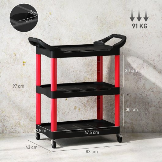Homcom Carro De Taller Con 3 Estantes Ruedas Y Asas Carga 91 Kg Rojo Y Negro