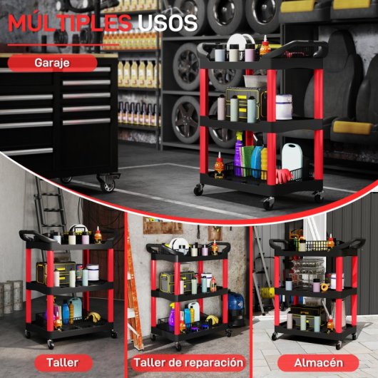 Homcom Carro De Taller Con 3 Estantes Ruedas Y Asas Carga 91 Kg Rojo Y Negro