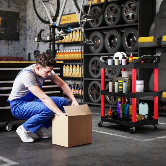 Homcom Carro De Taller Con 3 Estantes Ruedas Y Asas Carga 91 Kg Rojo Y Negro