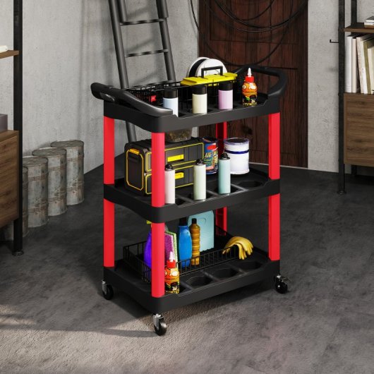 Homcom Carro De Taller Con 3 Estantes Ruedas Y Asas Carga 91 Kg Rojo Y Negro