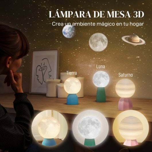 Homcom Juego De 3 Lámparas De Mesita De Noche 3d 3 Colores Blanco